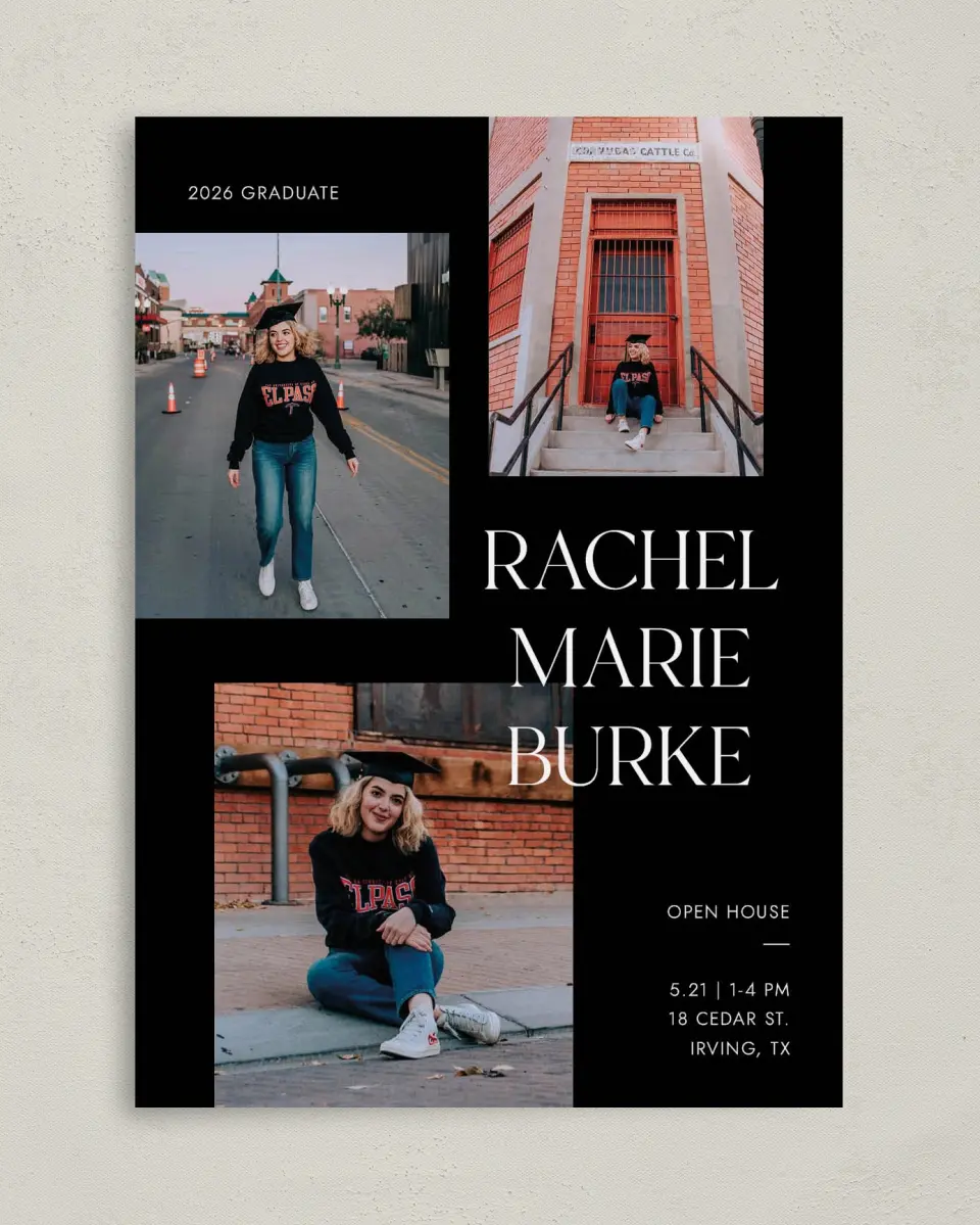 This is a 5" x 7" Graduation Announcement Card called Talented Trio printed in full color on Premium Smooth paper