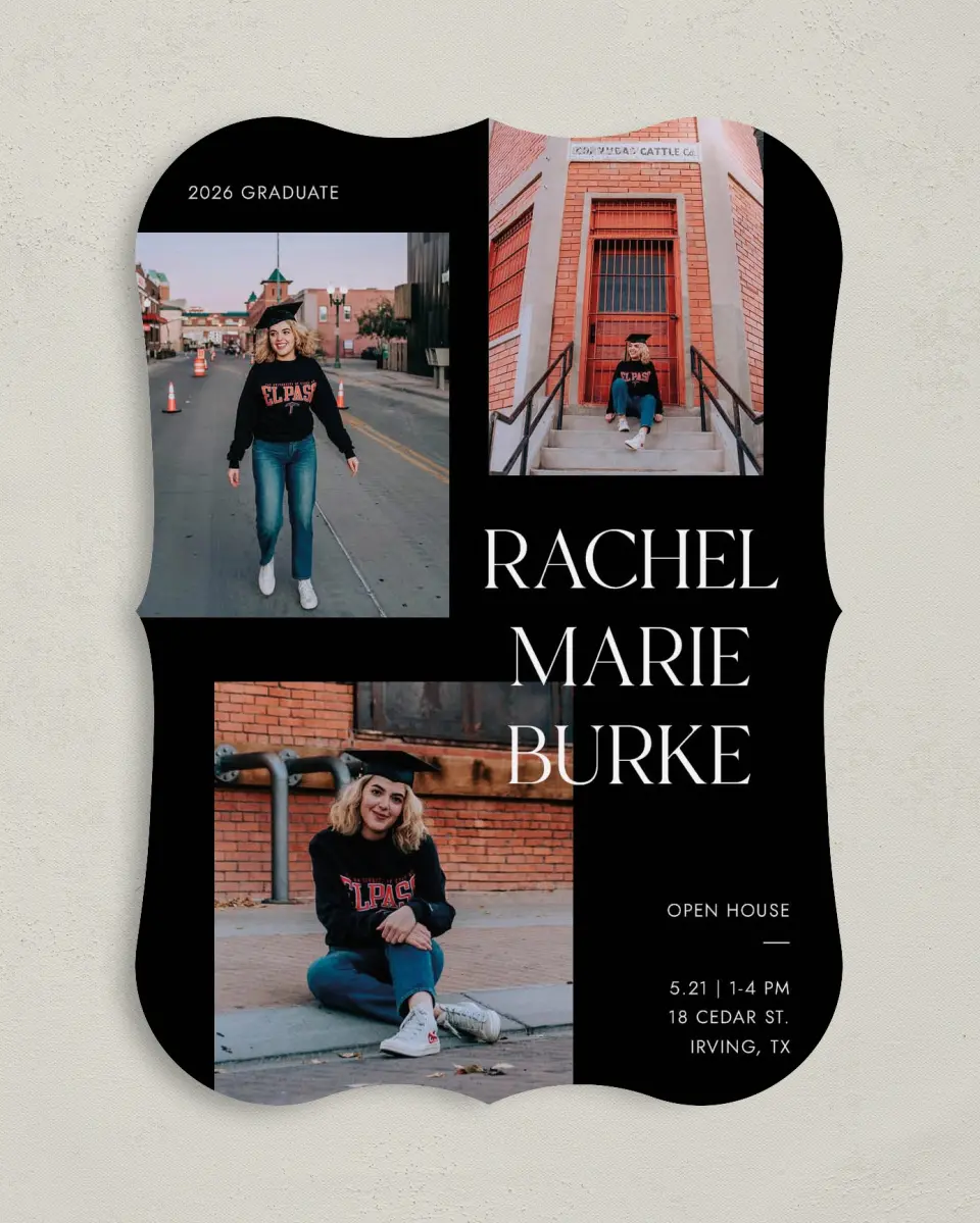 This is a 5" x 7" Graduation Announcement Card called Talented Trio printed in full color on Premium Smooth paper