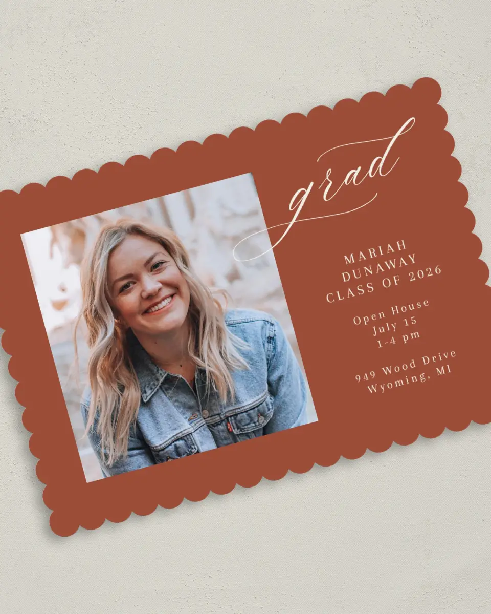 This is a 5" x 7" Graduation Announcement Card called Scripted Scholar printed in full color on Premium Smooth paper