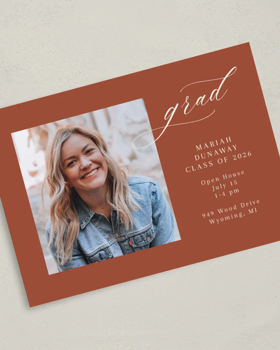 This is a 5" x 7" Graduation Announcement Card called Scripted Scholar printed in full color on Premium Smooth paper