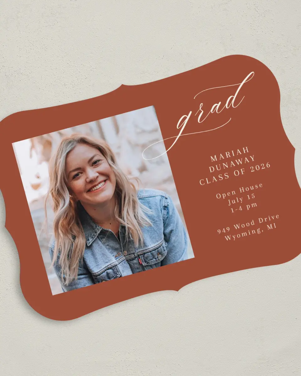This is a 5" x 7" Graduation Announcement Card called Scripted Scholar printed in full color on Premium Smooth paper