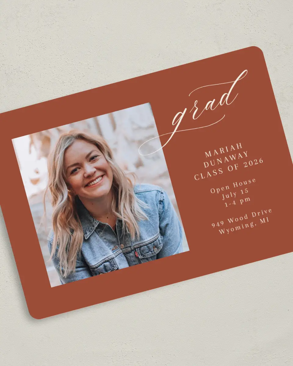 This is a 5" x 7" Graduation Announcement Card called Scripted Scholar printed in full color on Premium Smooth paper