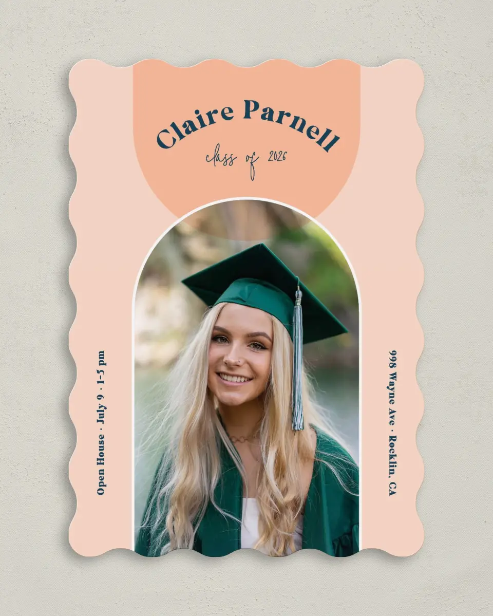 This is a 5" x 7" Graduation Announcement Card called New Start printed in full color on Premium Smooth paper