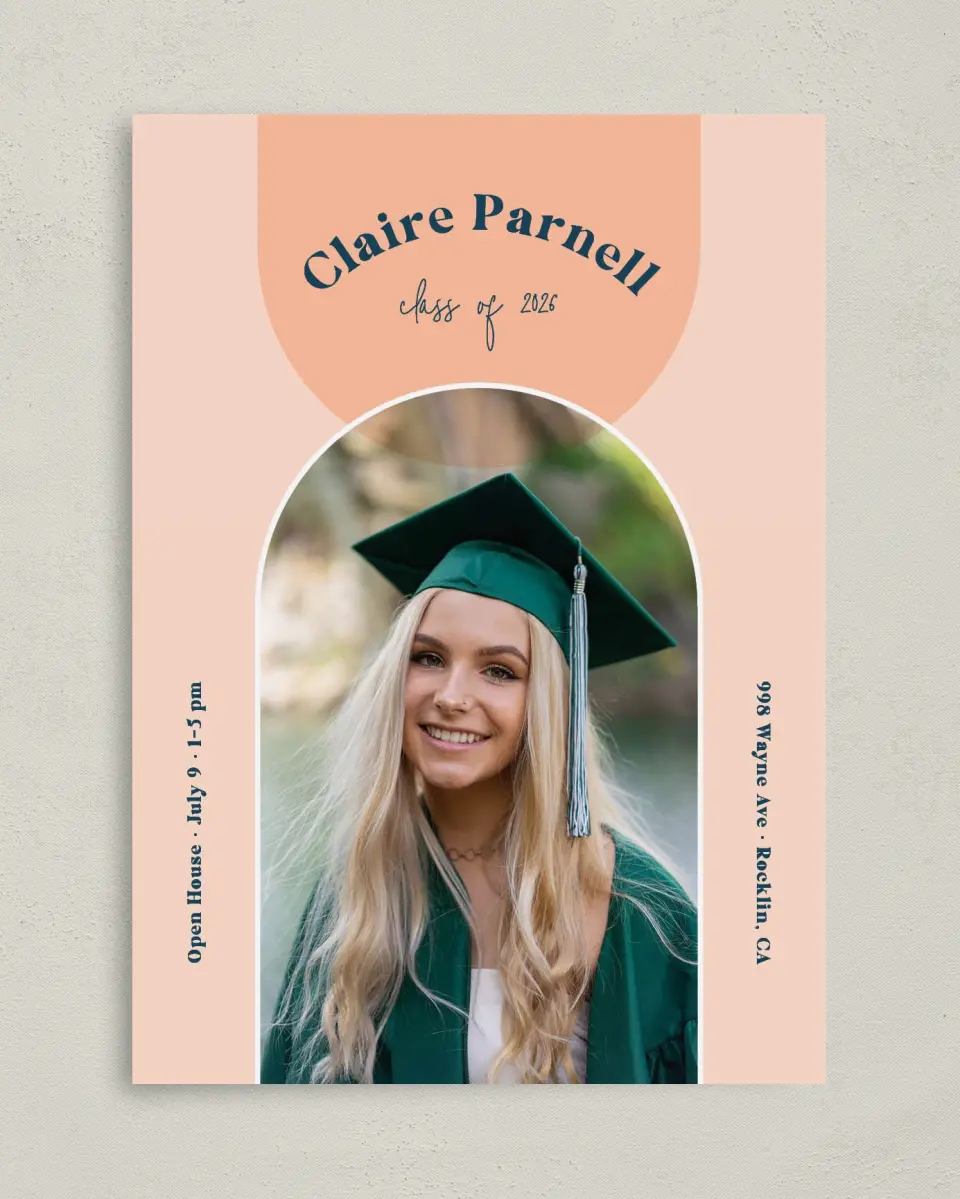 This is a 5" x 7" Graduation Announcement Card called New Start printed in full color on Premium Smooth paper