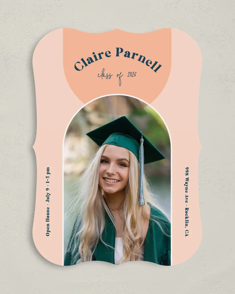 This is a 5" x 7" Graduation Announcement Card called New Start printed in full color on Premium Smooth paper