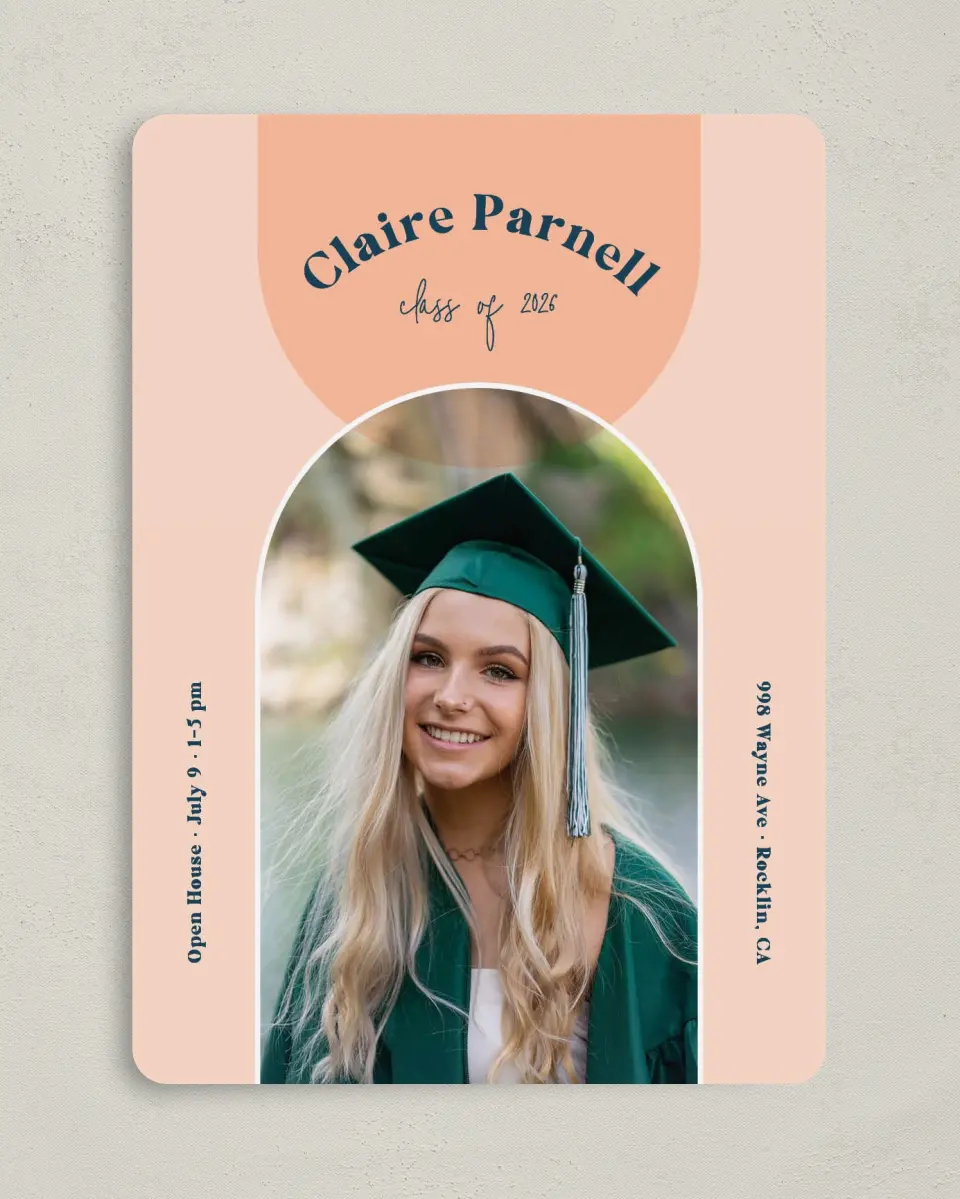 This is a 5" x 7" Graduation Announcement Card called New Start printed in full color on Premium Smooth paper