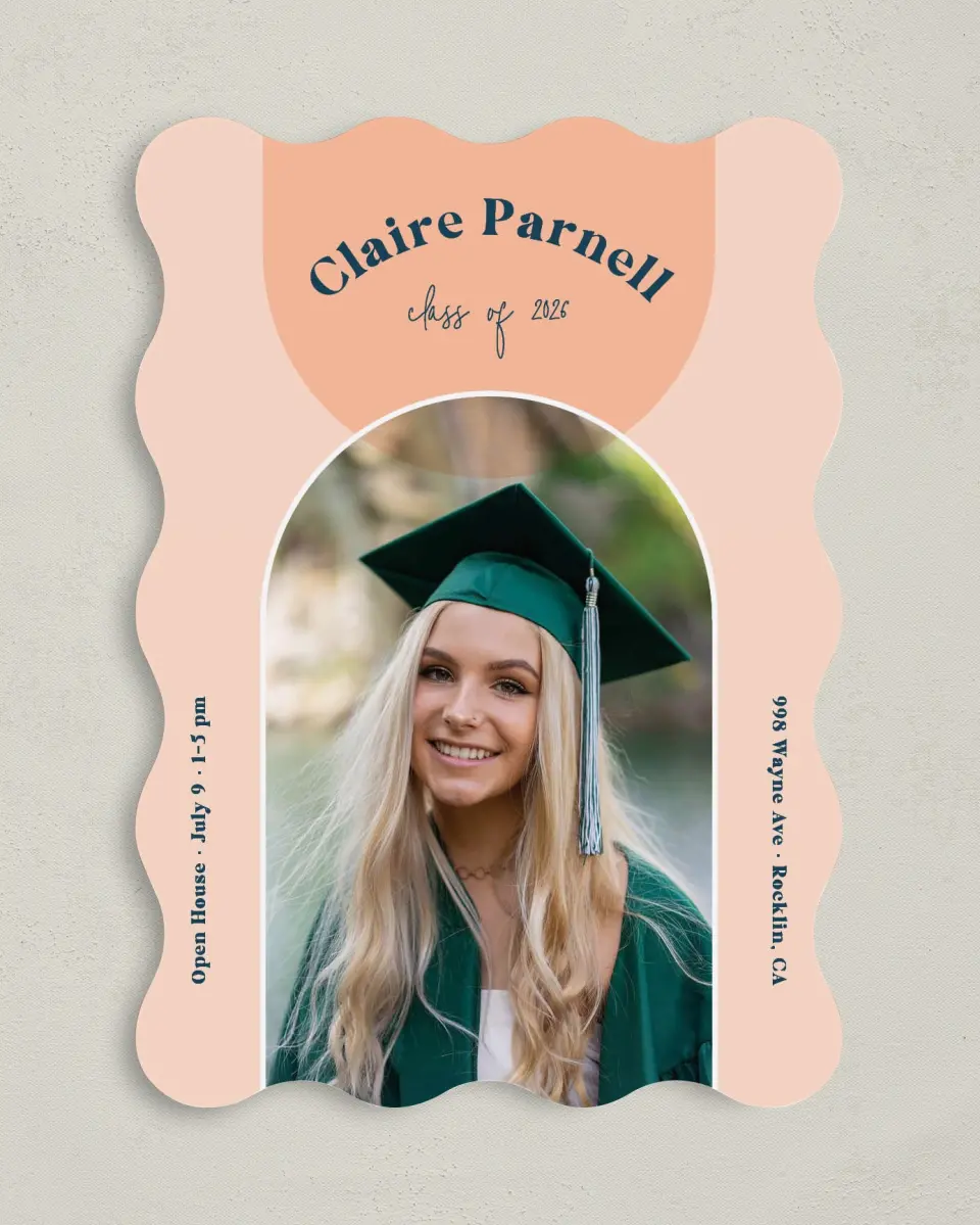 This is a 5" x 7" Graduation Announcement Card called New Start printed in full color on Premium Smooth paper