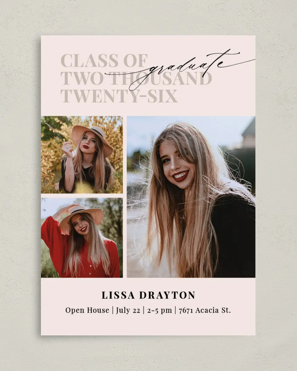 This is a 5" x 7" Graduation Announcement Card called Big Year printed in full color with Rose Gold foil on Luxe Satin (coated) paper