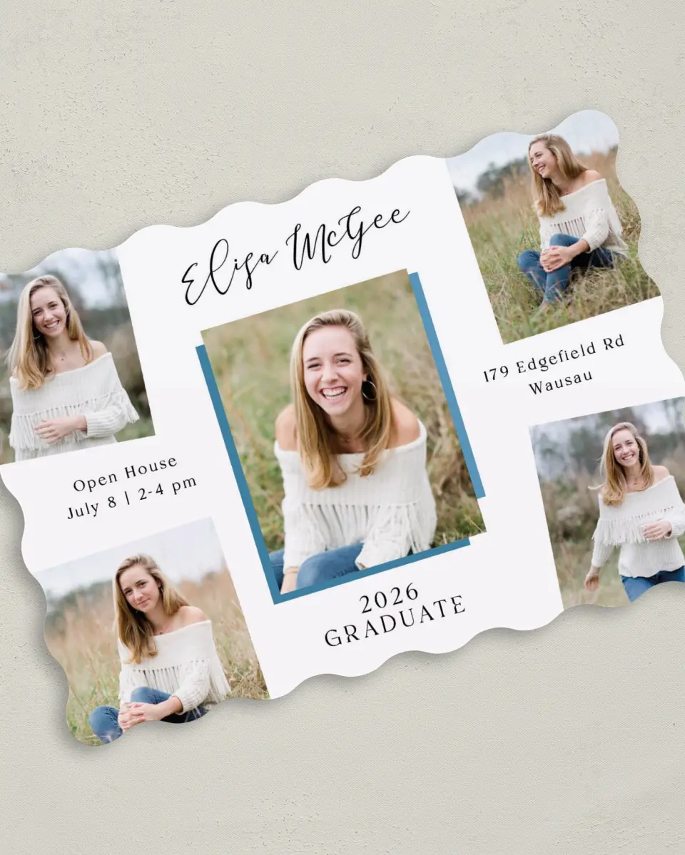 This is a 5" x 7" Graduation Announcement Card called Fearless Five printed in full color on Premium Smooth paper