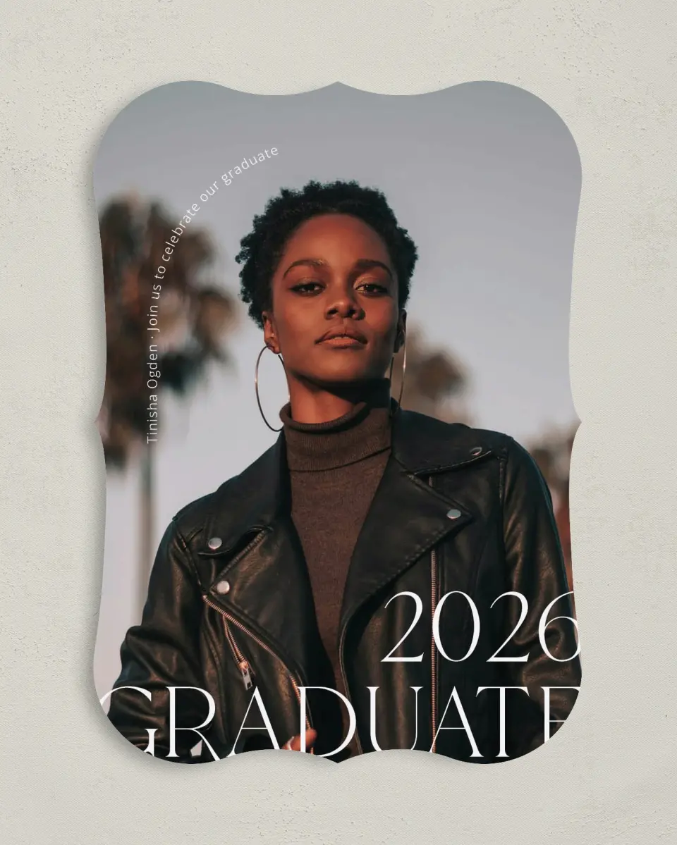 This is a 5" x 7" Graduation Announcement Card called Cool Confidence printed in full color on Premium Smooth paper