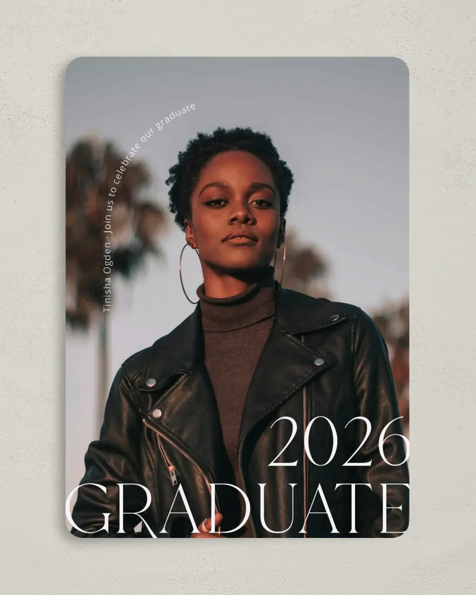 This is a 5" x 7" Graduation Announcement Card called Cool Confidence printed in full color on Premium Smooth paper