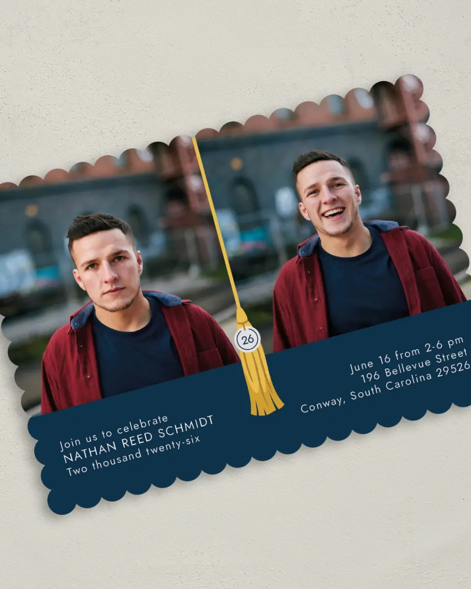 This is a 5" x 7" Graduation Announcement Card called Grad Tassel printed in full color on Premium Smooth paper