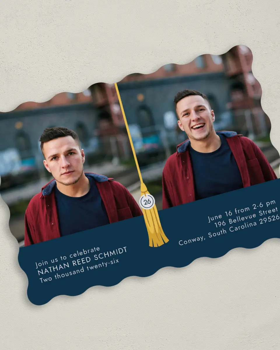 This is a 5" x 7" Graduation Announcement Card called Grad Tassel printed in full color on Premium Smooth paper