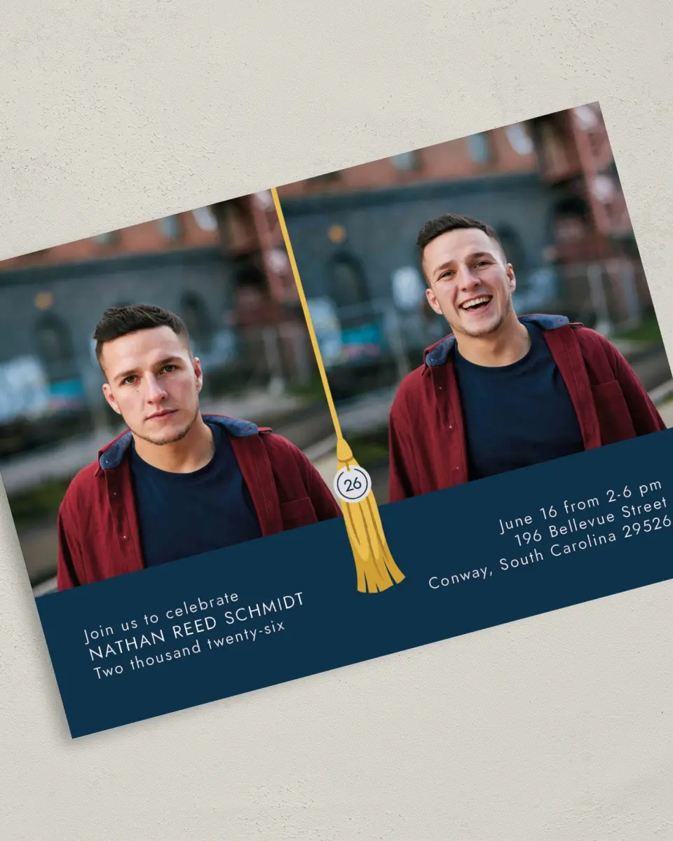 This is a 5" x 7" Graduation Announcement Card called Grad Tassel printed in full color on Premium Smooth paper