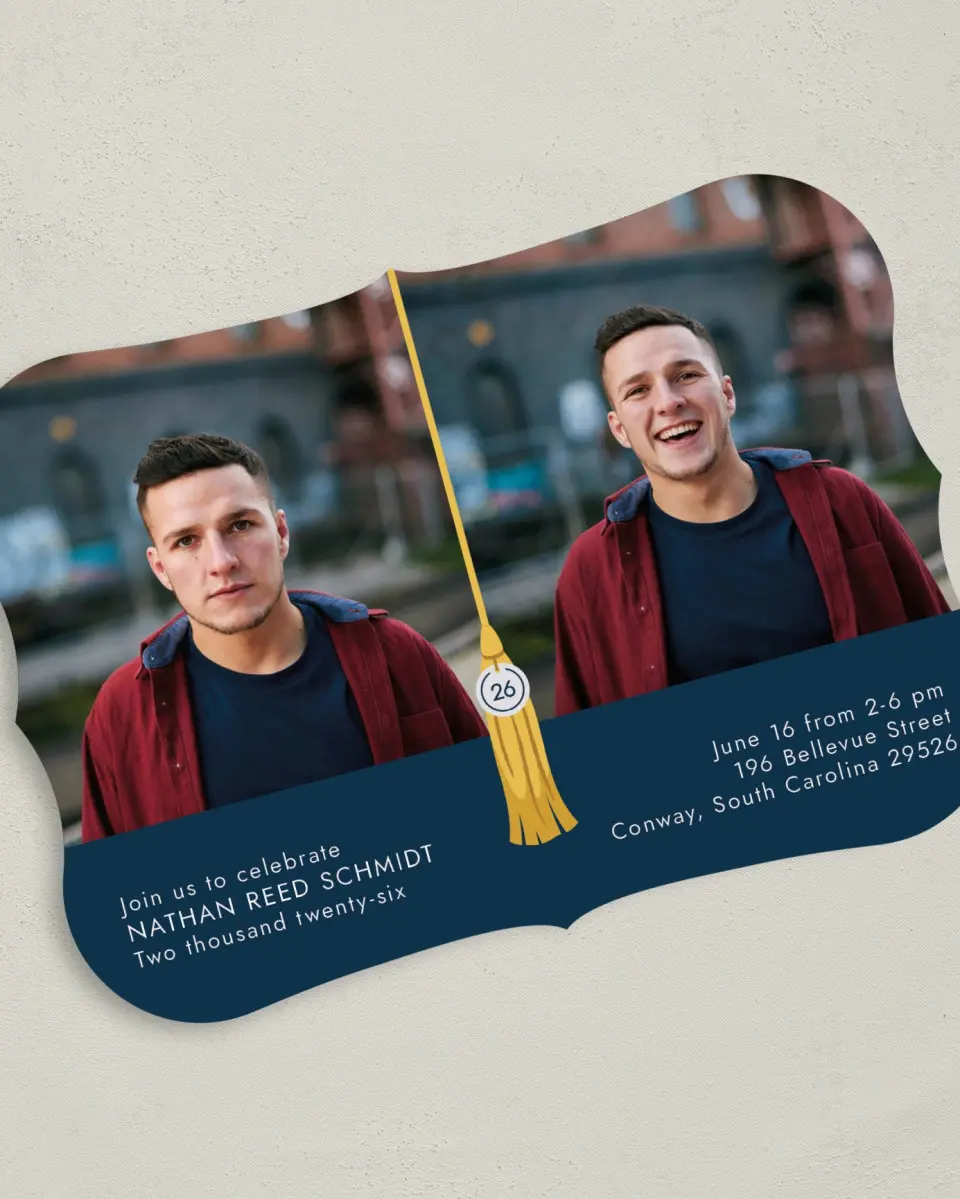 This is a 5" x 7" Graduation Announcement Card called Grad Tassel printed in full color on Premium Smooth paper