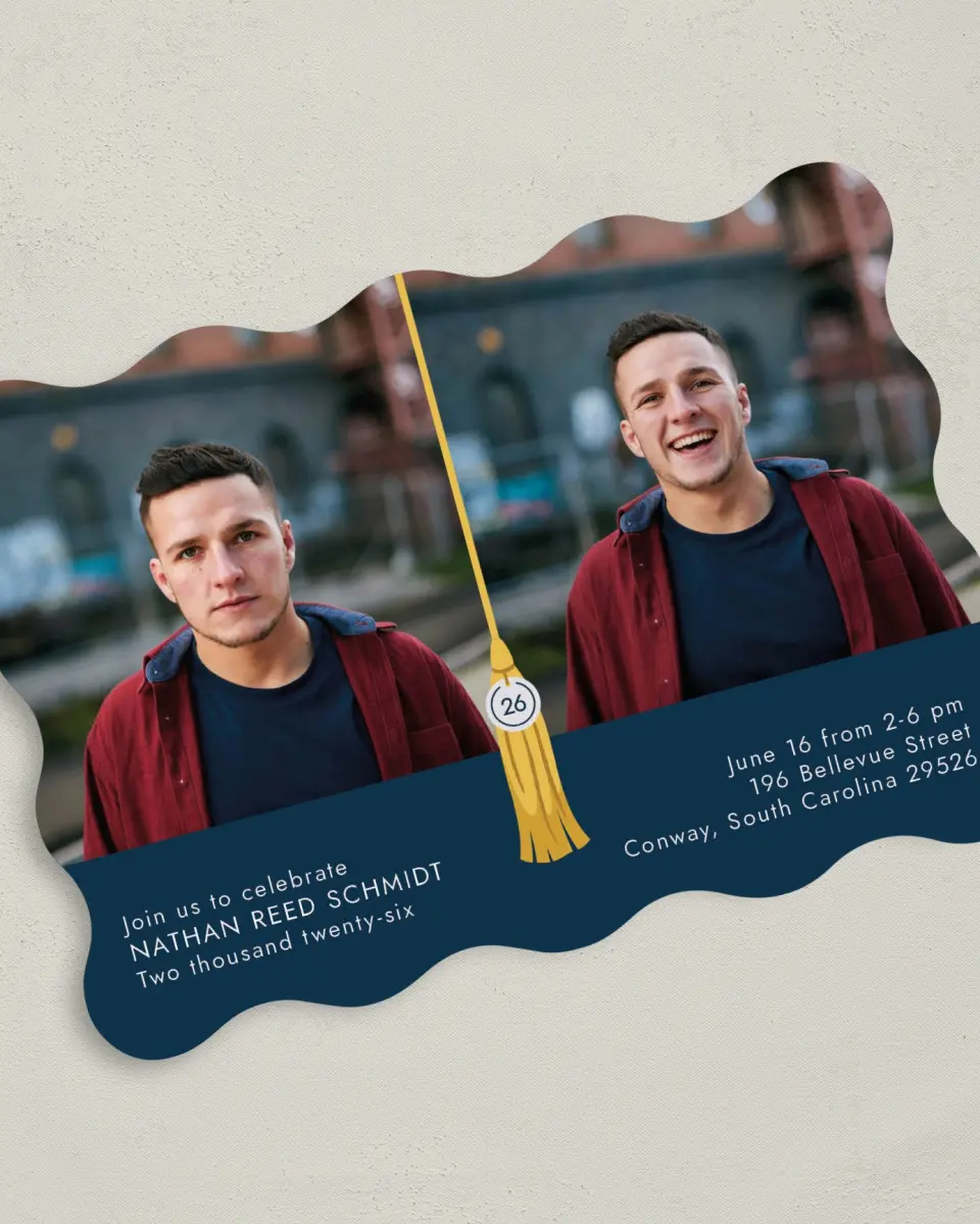 This is a 5" x 7" Graduation Announcement Card called Grad Tassel printed in full color on Premium Smooth paper