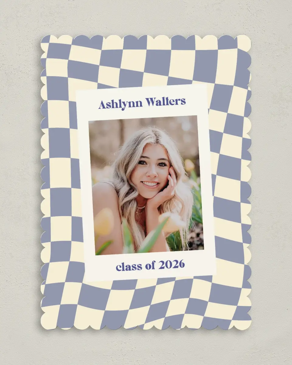 This is a 5" x 7" Graduation Announcement Card called Checkered Credit printed in full color on Premium Smooth paper