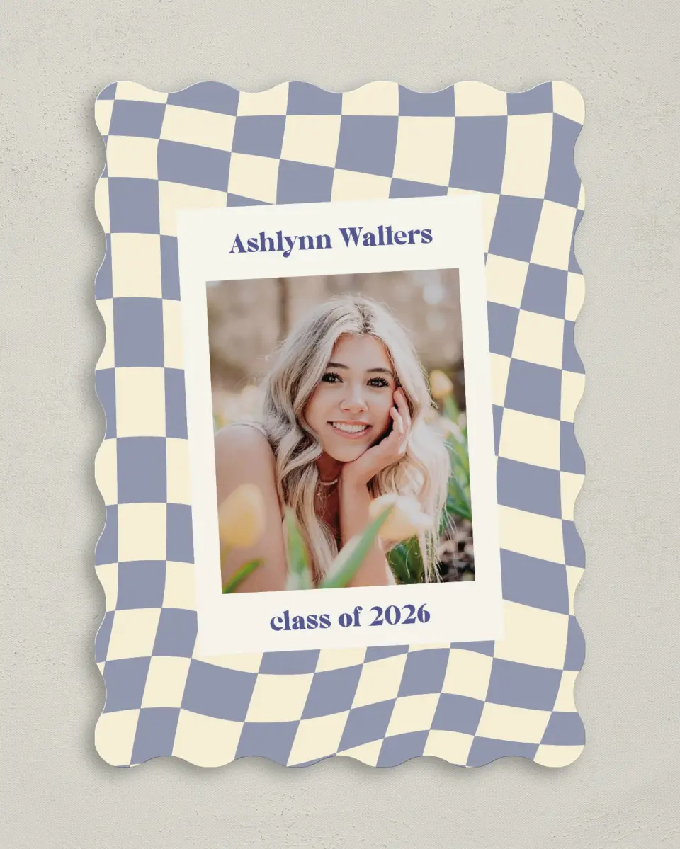 This is a 5" x 7" Graduation Announcement Card called Checkered Credit printed in full color on Premium Smooth paper