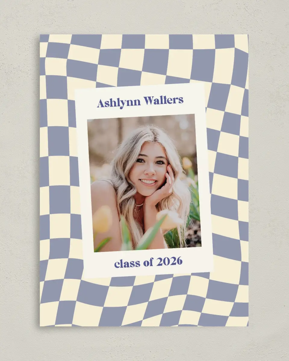 This is a 5" x 7" Graduation Announcement Card called Checkered Credit printed in full color on Premium Smooth paper