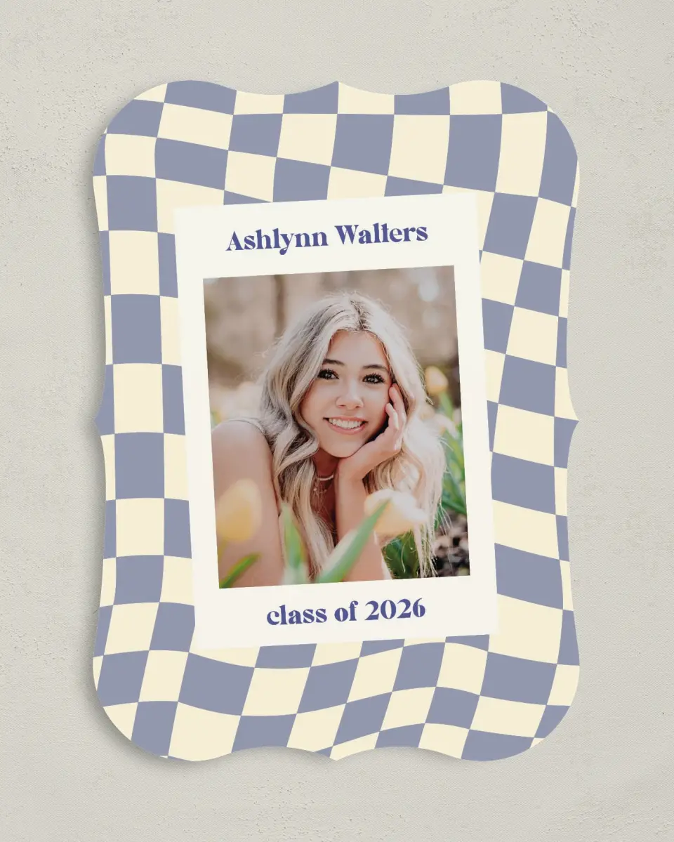 This is a 5" x 7" Graduation Announcement Card called Checkered Credit printed in full color on Premium Smooth paper