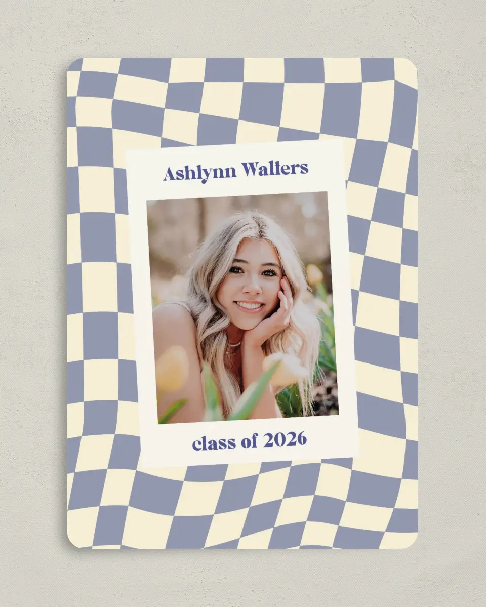 This is a 5" x 7" Graduation Announcement Card called Checkered Credit printed in full color on Premium Smooth paper