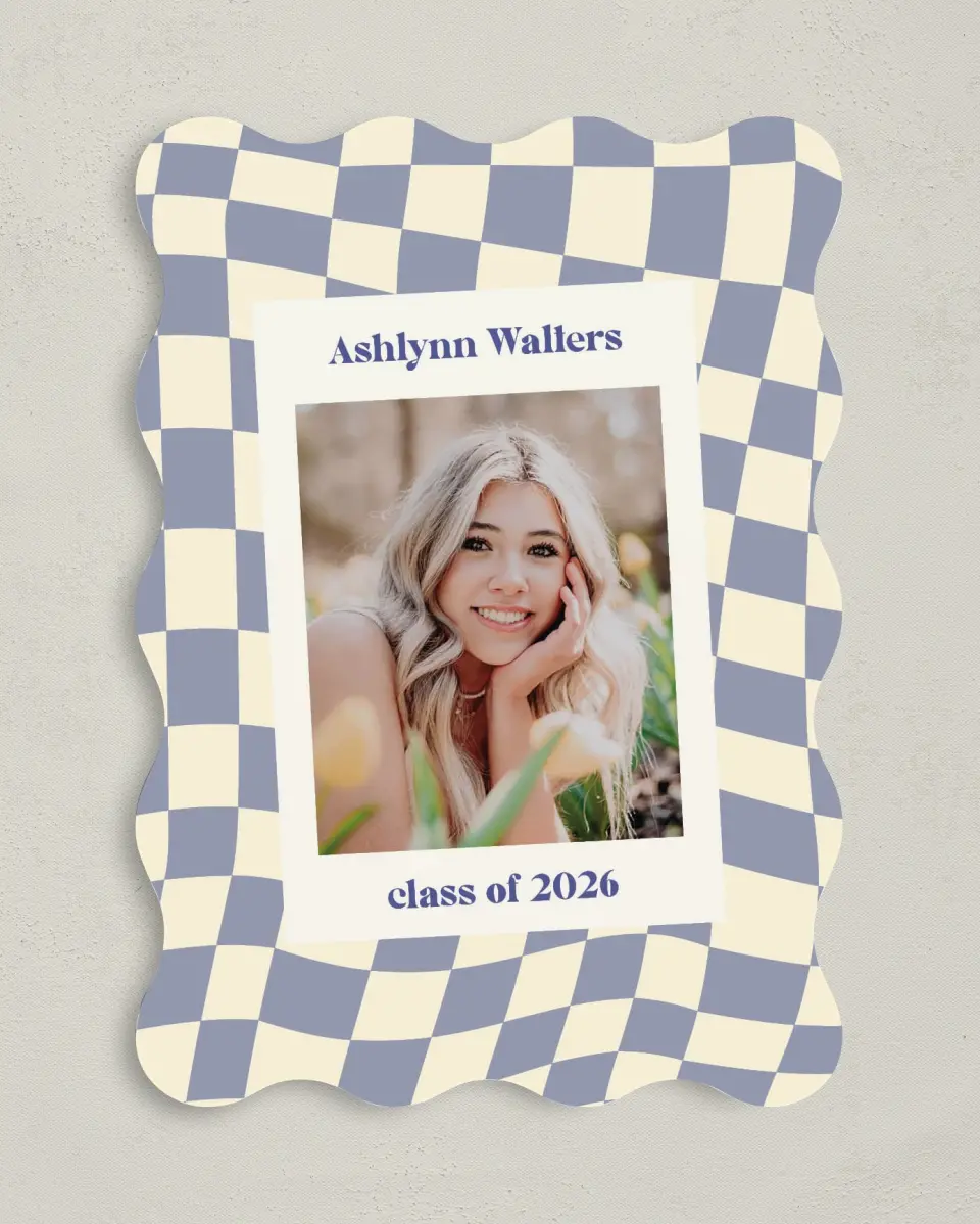 This is a 5" x 7" Graduation Announcement Card called Checkered Credit printed in full color on Premium Smooth paper