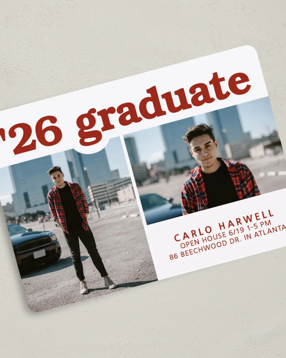 This is a 5" x 7" Graduation Announcement Card called Daring Grad printed in full color on Premium Smooth paper