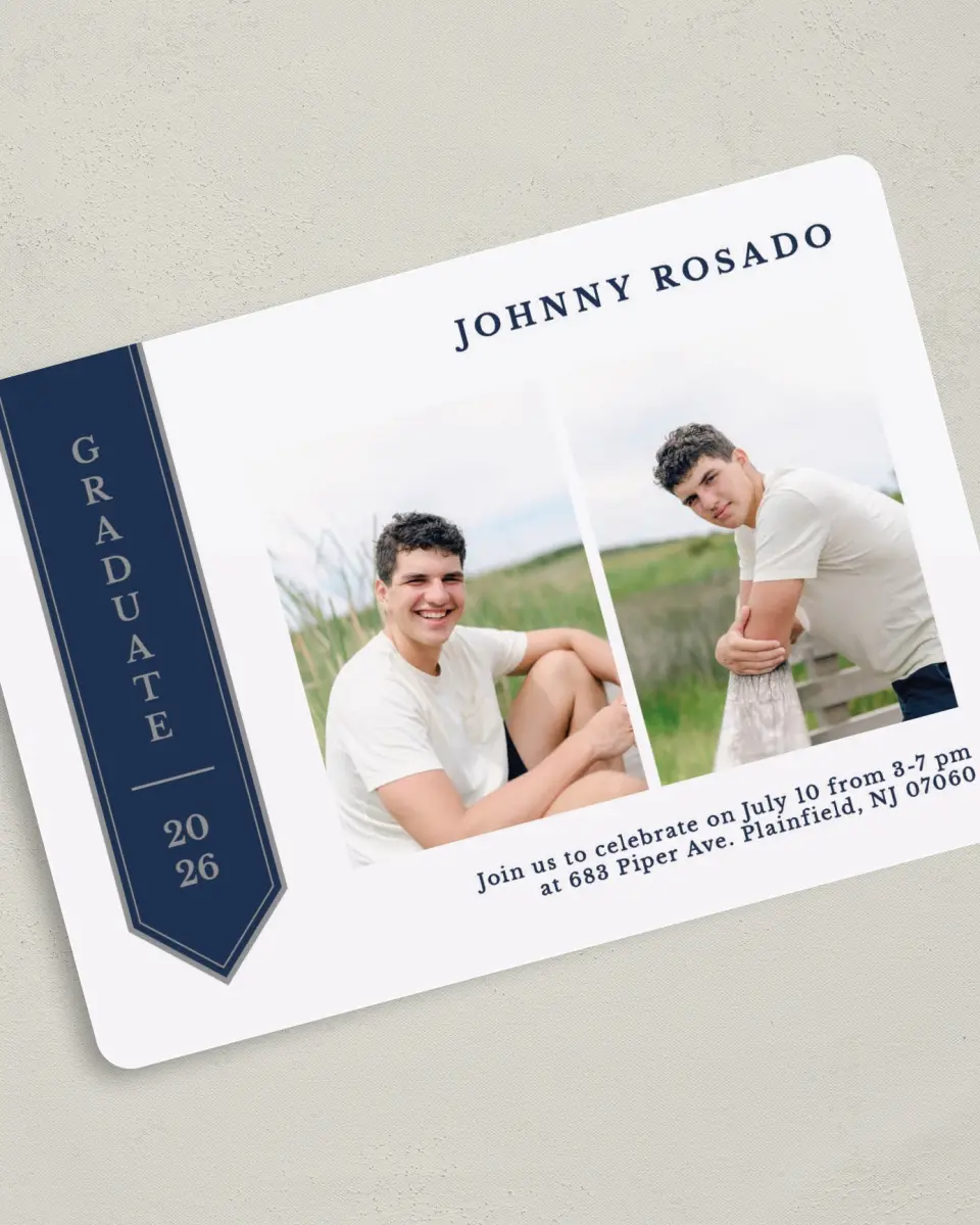 This is a 5" x 7" Graduation Announcement Card called Sophisticated Stole printed in full color on Premium Smooth paper