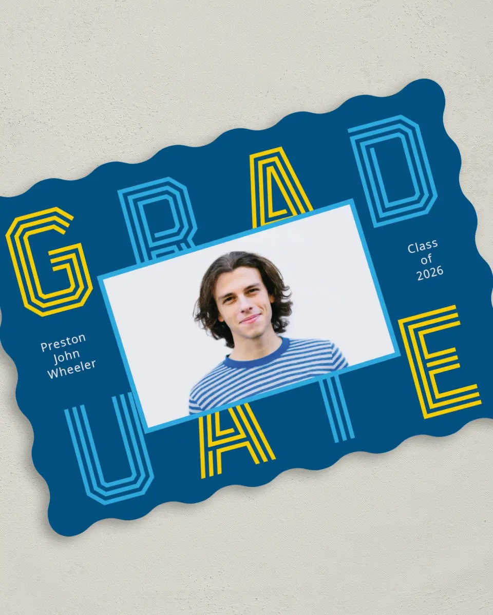 This is a 5" x 7" Graduation Announcement Card called Lively Lines printed in full color on Premium Smooth paper