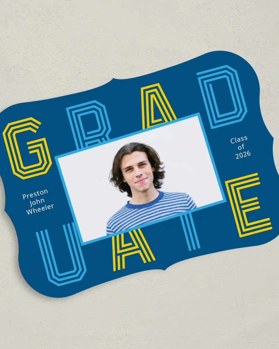 This is a 5" x 7" Graduation Announcement Card called Lively Lines printed in full color on Premium Smooth paper