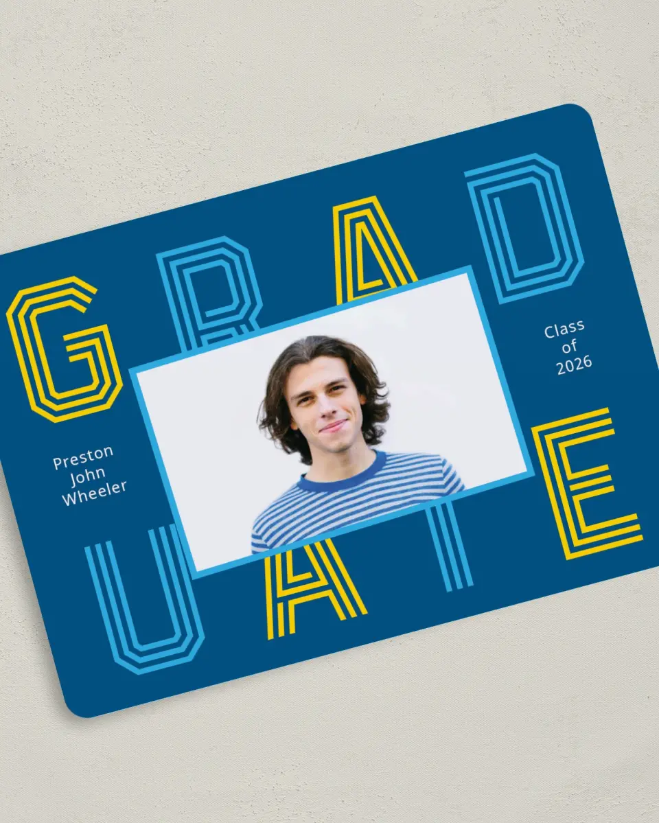 This is a 5" x 7" Graduation Announcement Card called Lively Lines printed in full color on Premium Smooth paper
