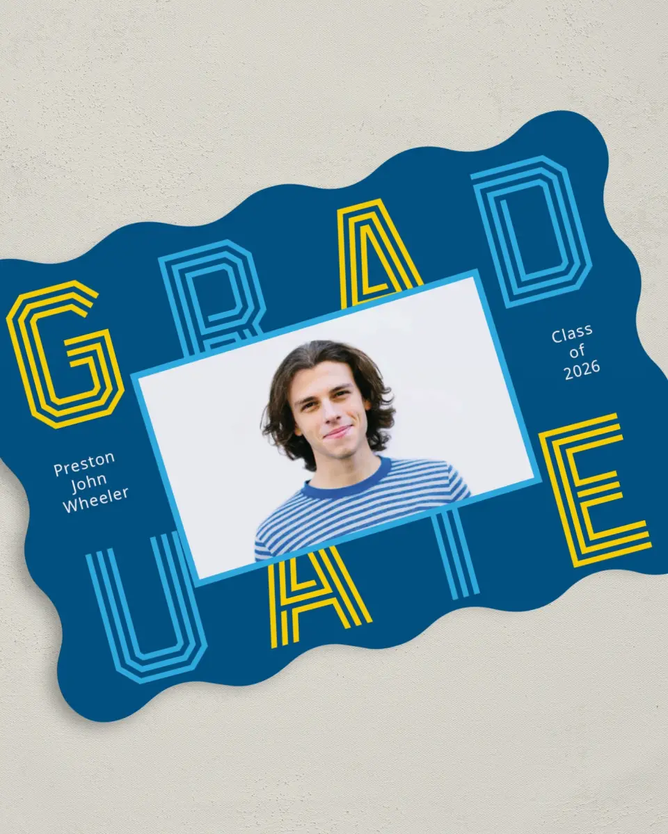 This is a 5" x 7" Graduation Announcement Card called Lively Lines printed in full color on Premium Smooth paper
