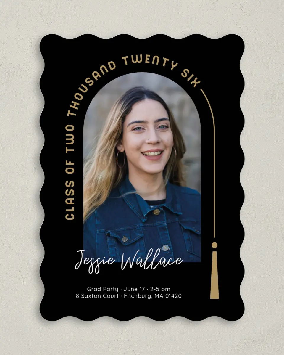 This is a 5" x 7" Graduation Announcement Card called Timeless Tassel printed in full color on Premium Smooth paper