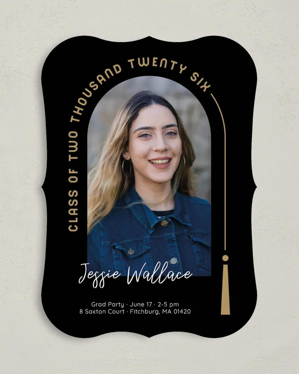 This is a 5" x 7" Graduation Announcement Card called Timeless Tassel printed in full color on Premium Smooth paper