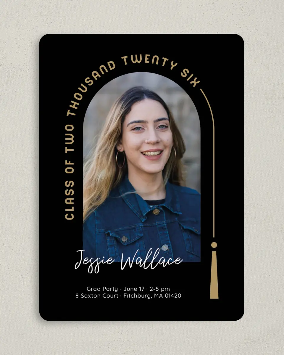 This is a 5" x 7" Graduation Announcement Card called Timeless Tassel printed in full color on Premium Smooth paper