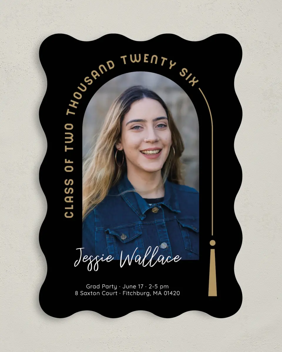 This is a 5" x 7" Graduation Announcement Card called Timeless Tassel printed in full color on Premium Smooth paper