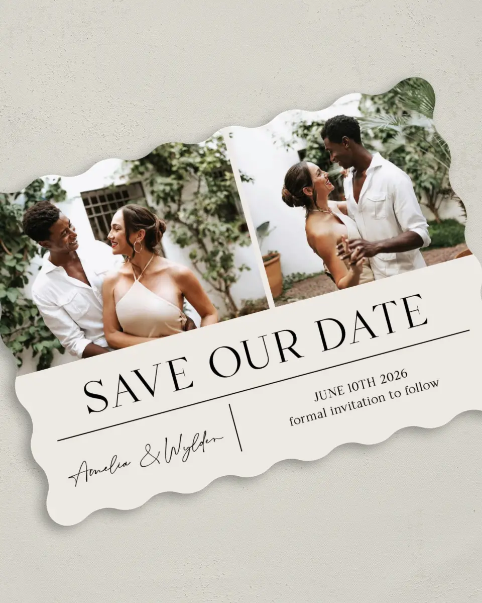 This is a 5" x 7" Save the Date Card called Noble Names printed in full color on Premium Smooth paper