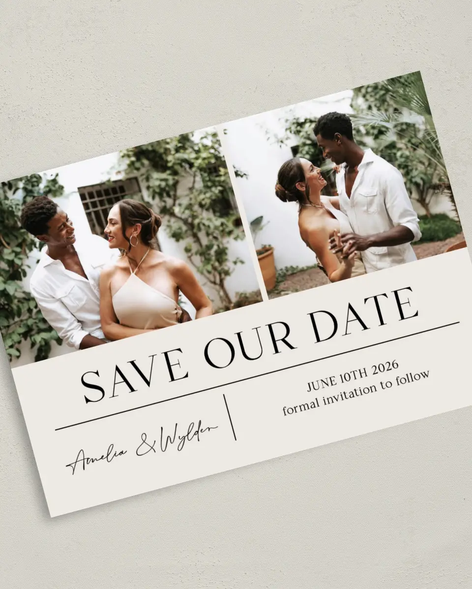 This is a 5" x 7" Save the Date Card called Noble Names printed in full color on Premium Smooth paper