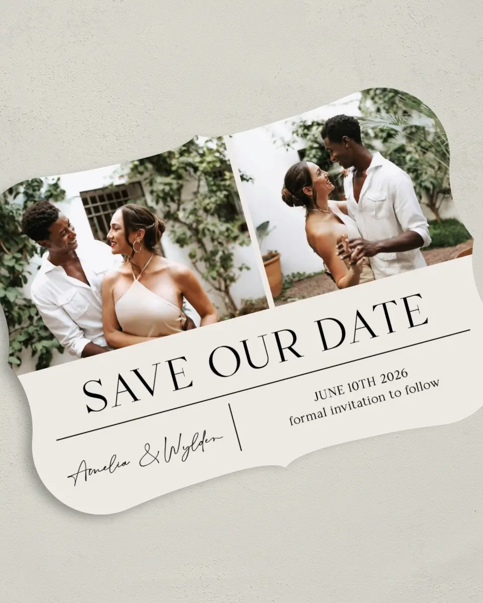 This is a 5" x 7" Save the Date Card called Noble Names printed in full color on Premium Smooth paper