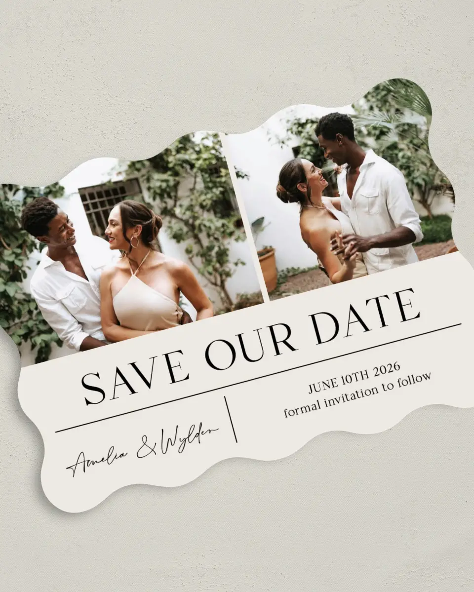 This is a 5" x 7" Save the Date Card called Noble Names printed in full color on Premium Smooth paper