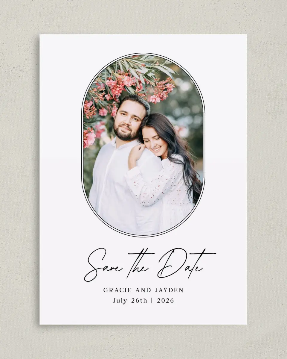 This is a 5" x 7" Save the Date Card called Dramatic Date printed in full color on Premium Smooth paper