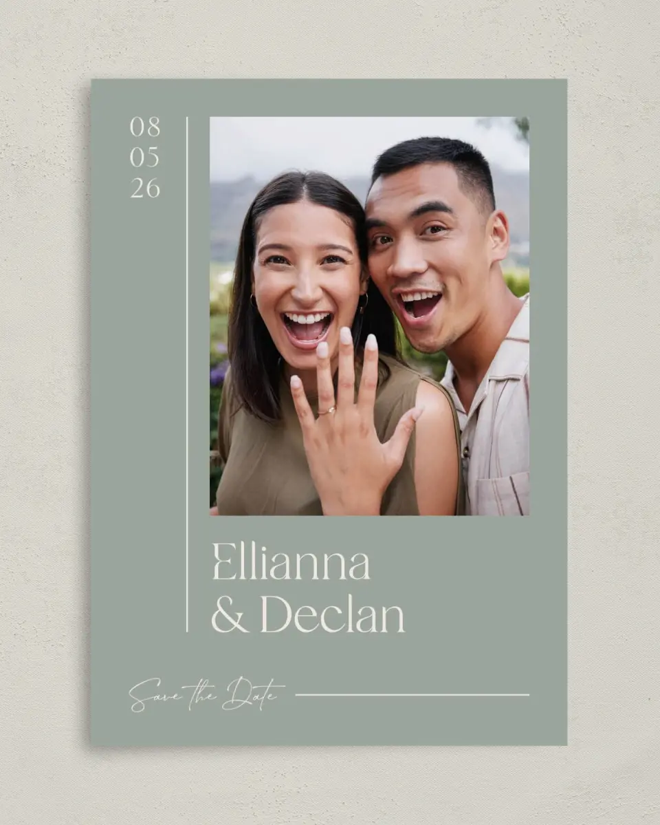 This is a 5" x 7" Save the Date Card called Elegant Lines printed in full color on Premium Smooth paper