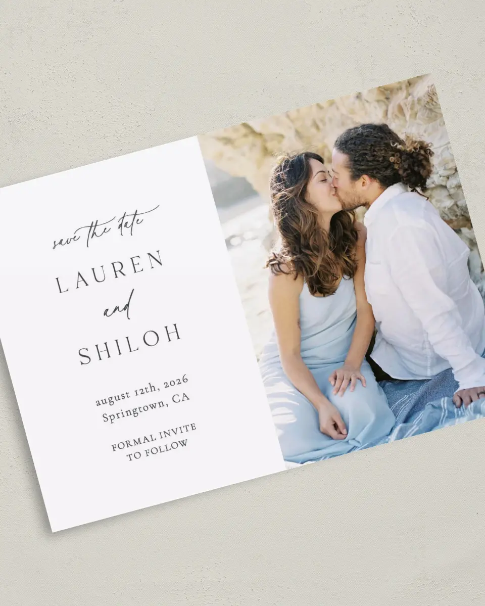 This is a 5" x 7" Save the Date Card called Cute + Charming printed in full color on Premium Smooth paper