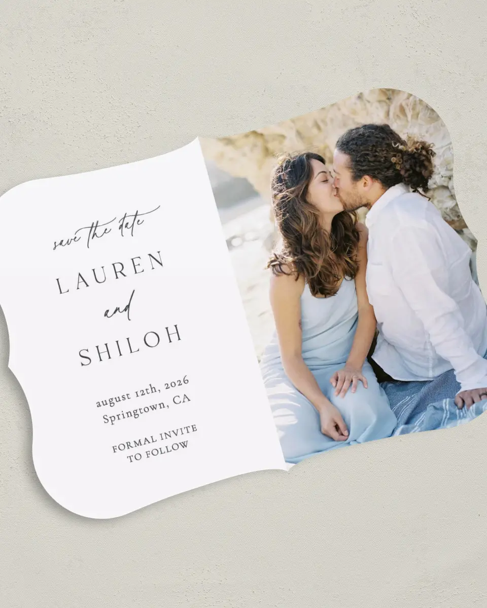 This is a 5" x 7" Save the Date Card called Cute + Charming printed in full color on Premium Smooth paper