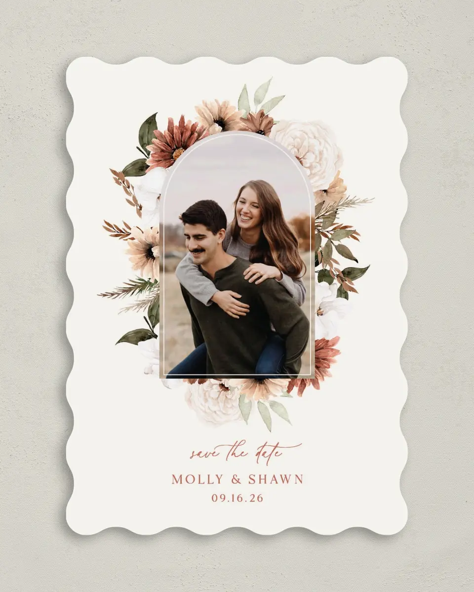 This is a 5" x 7" Save the Date Card called Autumn Blooms printed in full color on Premium Smooth paper