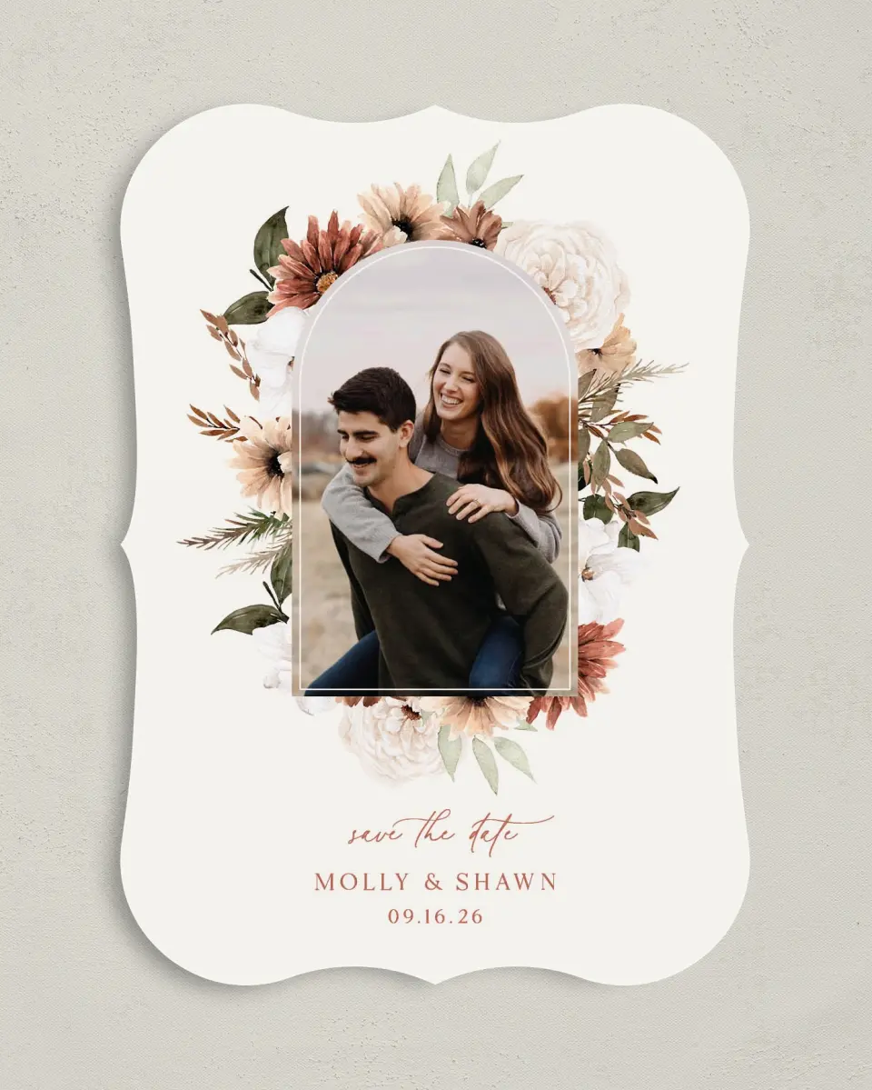This is a 5" x 7" Save the Date Card called Autumn Blooms printed in full color on Premium Smooth paper
