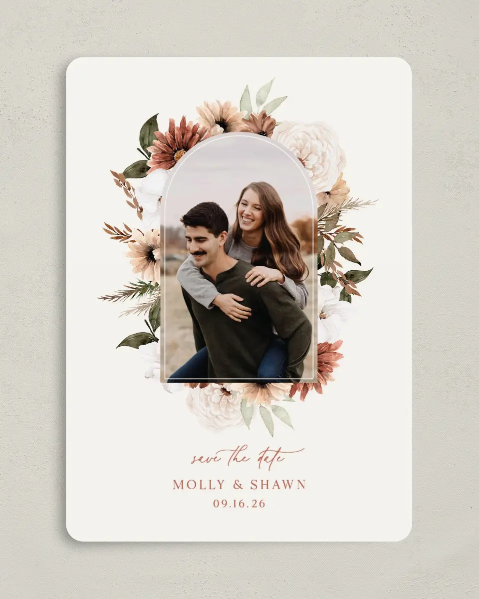 This is a 5" x 7" Save the Date Card called Autumn Blooms printed in full color on Premium Smooth paper