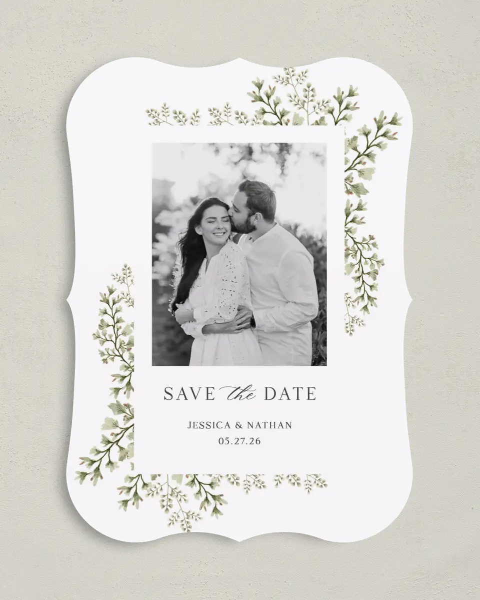 This is a 5" x 7" Save the Date Card called Leaves of Love printed in full color on Premium Smooth paper