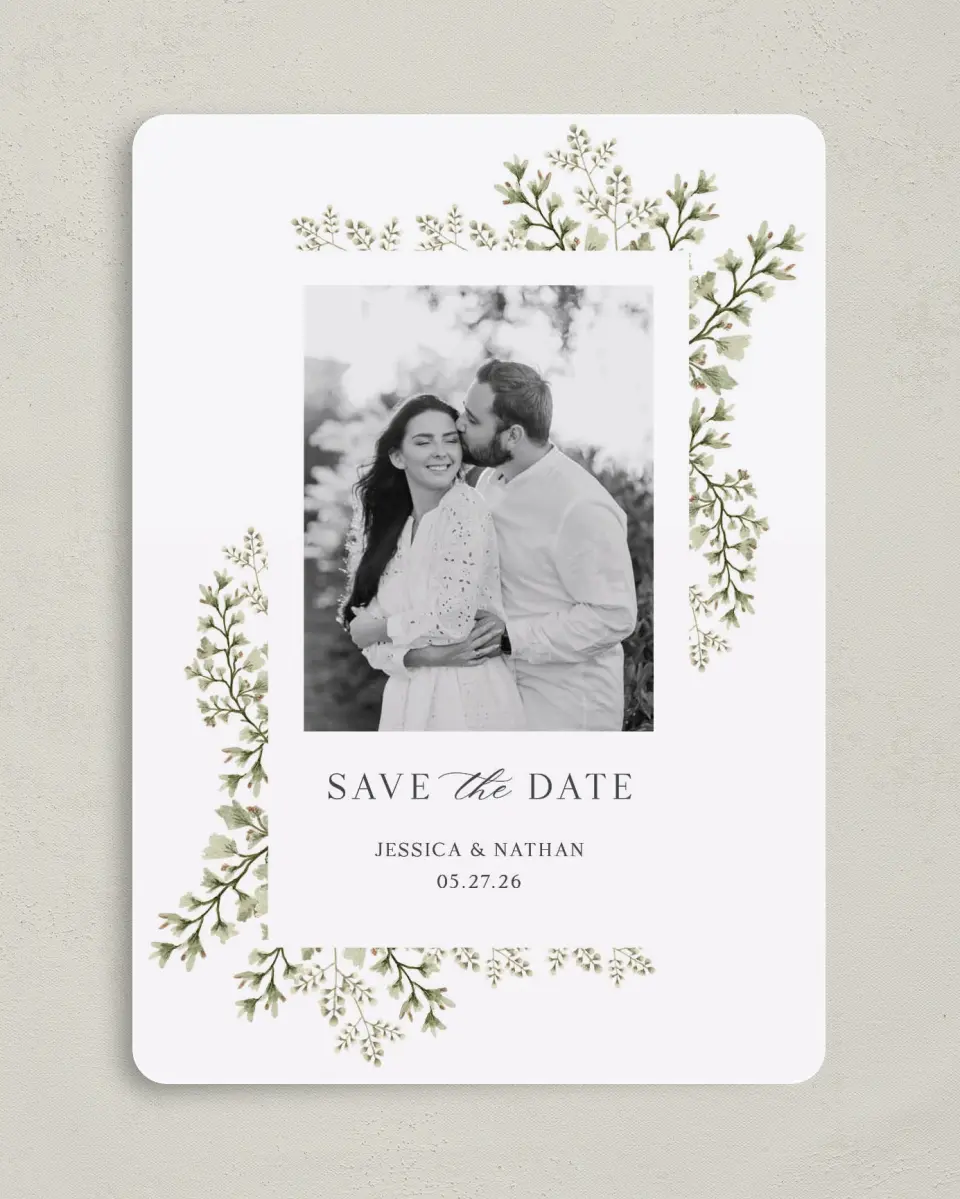 This is a 5" x 7" Save the Date Card called Leaves of Love printed in full color on Premium Smooth paper