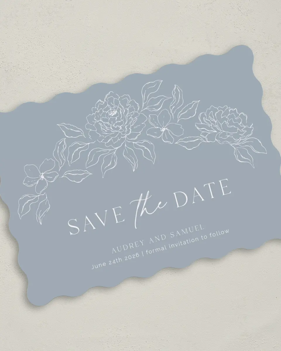 This is a 5" x 7" Save the Date Card called Graceful Petals printed in full color on Premium Smooth paper